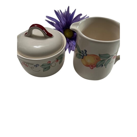 Vintage Corelle Stoneware Cream & Sugar Set With Fruit Motif - Picture 1 of 5